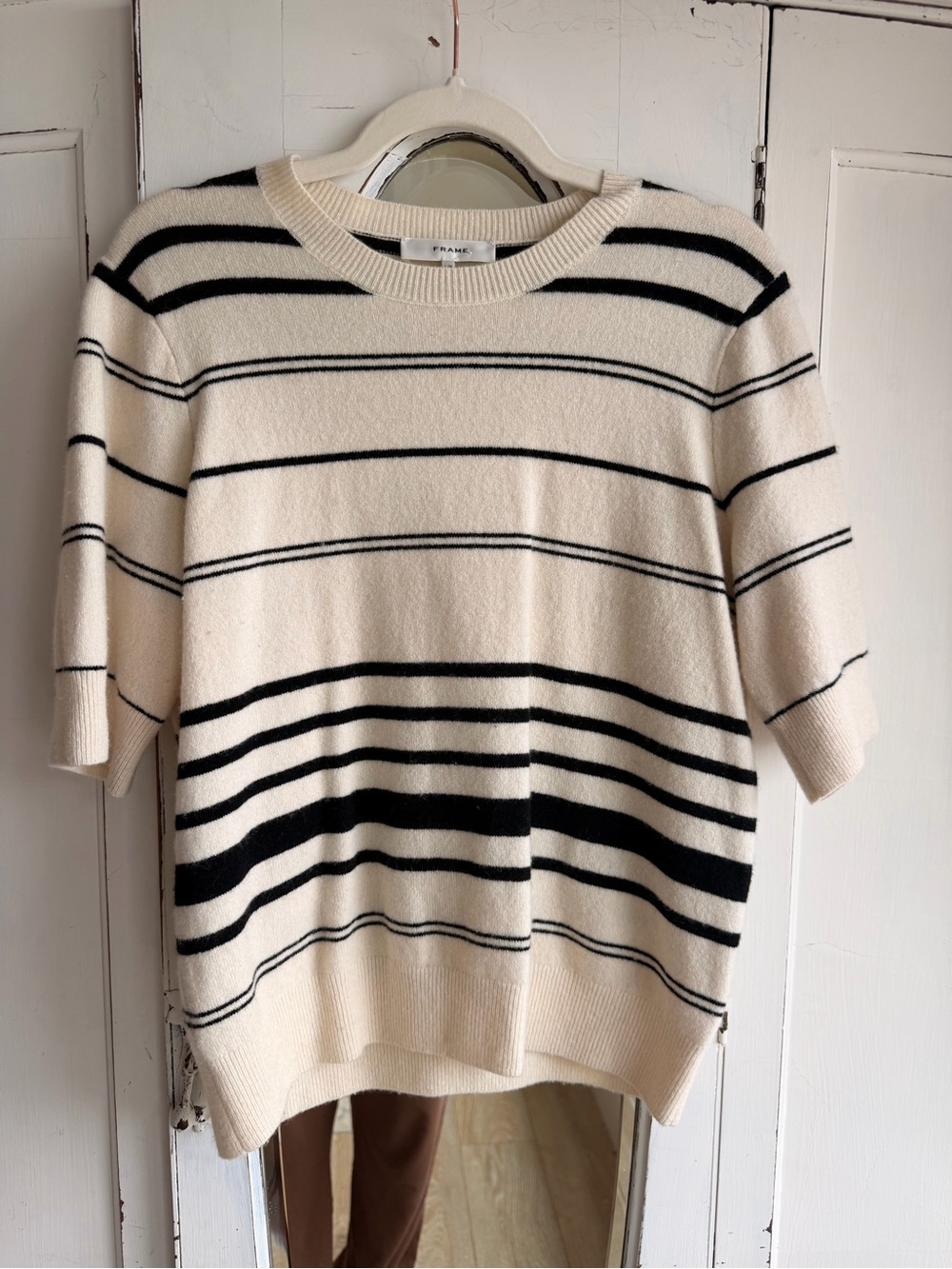 Frame Denim Cream and Black Striped Crewneck Sweater